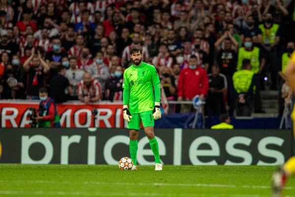 MADRID, SPAIN - Tuesday, October 19, 2021: Priceless... Liverpool's goalkeeper Alisson Becker during the UEFA Champions League Group B Matchday 3 game between Club Atlético de Madrid and Liverpool FC at the Estadio Metropolitano. (Pic by David Rawcliffe/Propaganda)