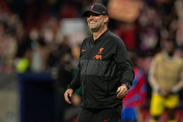 MADRID, SPAIN - Tuesday, October 19, 2021: Liverpool's manager Jürgen Klopp is all smiles after the 3-2 victory during the UEFA Champions League Group B Matchday 3 game between Club Atlético de Madrid and Liverpool FC at the Estadio Metropolitano. (Pic by David Rawcliffe/Propaganda)