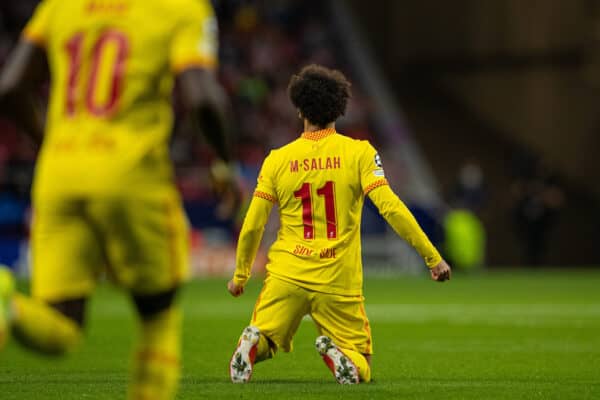 MADRID, SPAIN - Tuesday, October 19, 2021: Liverpool's Mohamed Salah celebrates after scoring the first goal, scoring in his ninth consecutive game, during the UEFA Champions League Group B Matchday 3 game between Club Atlético de Madrid and Liverpool FC at the Estadio Metropolitano. (Pic by David Rawcliffe/Propaganda)