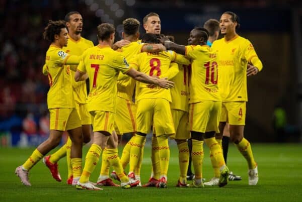 MADRID, SPAIN - Tuesday, October 19, 2021: Liverpool's Mohamed Salah celebrates with team-mates after scoring the first goal, scoring in his ninth consecutive game, during the UEFA Champions League Group B Matchday 3 game between Club Atlético de Madrid and Liverpool FC at the Estadio Metropolitano. (Pic by David Rawcliffe/Propaganda)