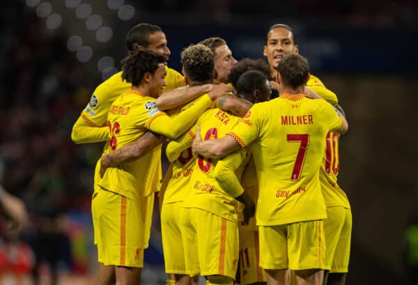 MADRID, SPAIN - Tuesday, October 19, 2021: Liverpool's Mohamed Salah celebrates with team-mates after scoring the first goal, scoring in his ninth consecutive game, during the UEFA Champions League Group B Matchday 3 game between Club Atlético de Madrid and Liverpool FC at the Estadio Metropolitano. (Pic by David Rawcliffe/Propaganda)