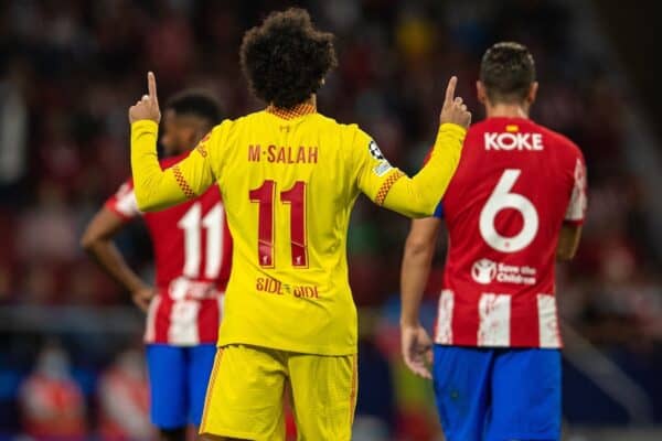 MADRID, SPAIN - Tuesday, October 19, 2021: Liverpool's Mohamed Salah celebrates after scoring the first goal, scoring in his ninth consecutive game, during the UEFA Champions League Group B Matchday 3 game between Club Atlético de Madrid and Liverpool FC at the Estadio Metropolitano. (Pic by David Rawcliffe/Propaganda)