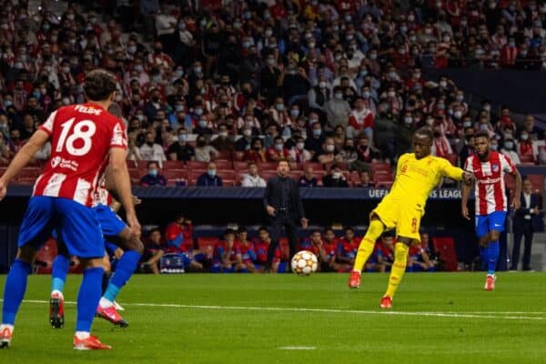 MADRID, SPAIN - Tuesday, October 19, 2021: Liverpool's Naby Keita scores the second goal during the UEFA Champions League Group B Matchday 3 game between Club Atlético de Madrid and Liverpool FC at the Estadio Metropolitano. (Pic by David Rawcliffe/Propaganda)