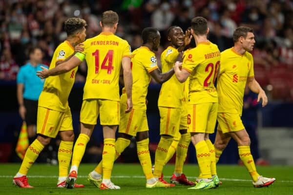 MADRID, SPAIN - Tuesday, October 19, 2021: Liverpool's Naby Keita (3rd from R) celebrates after scoring the second goal with team-mates during the UEFA Champions League Group B Matchday 3 game between Club Atlético de Madrid and Liverpool FC at the Estadio Metropolitano. (Pic by David Rawcliffe/Propaganda)