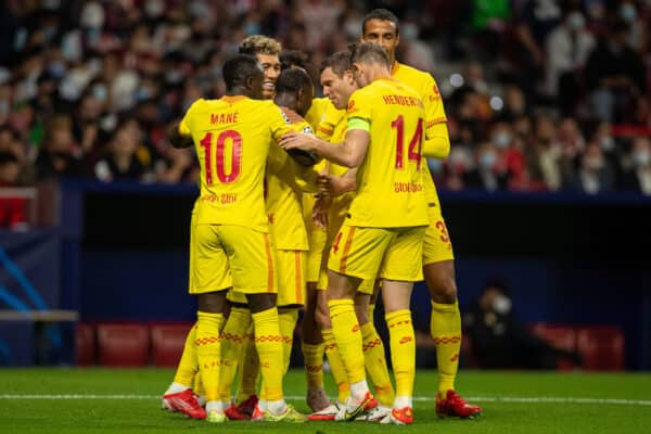 MADRID, SPAIN - Tuesday, October 19, 2021: Liverpool's Naby Keita (#8) celebrates after scoring the second goal with team-mates during the UEFA Champions League Group B Matchday 3 game between Club Atlético de Madrid and Liverpool FC at the Estadio Metropolitano. (Pic by David Rawcliffe/Propaganda)