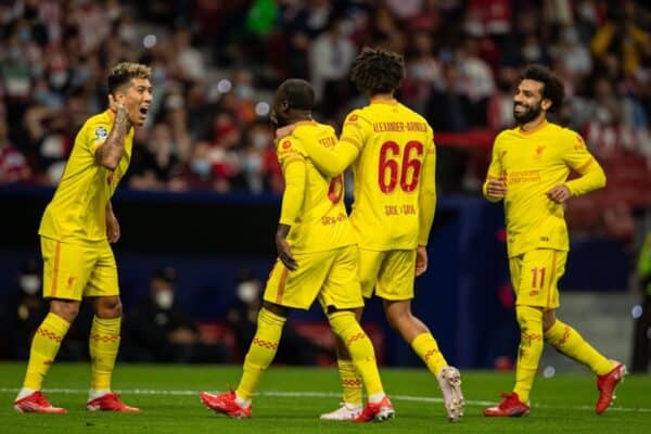 MADRID, SPAIN - Tuesday, October 19, 2021: Liverpool's Naby Keita (C) celebrates after scoring the second goal with team-mates during the UEFA Champions League Group B Matchday 3 game between Club Atlético de Madrid and Liverpool FC at the Estadio Metropolitano. (Pic by David Rawcliffe/Propaganda)