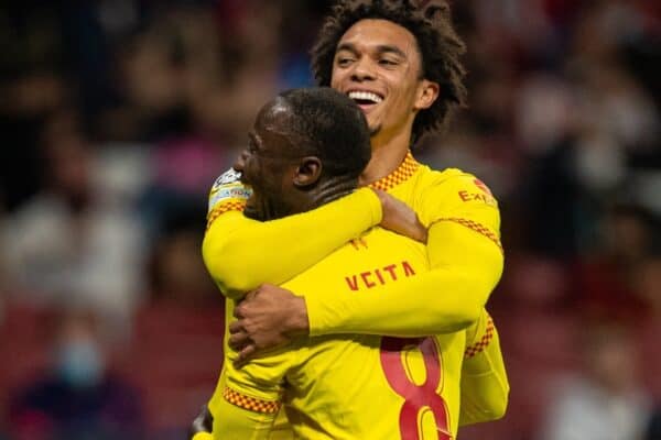 MADRID, SPAIN - Tuesday, October 19, 2021: Liverpool's Naby Keita (L) celebrates after scoring the second goal with team-mate Trent Alexander-Arnold (R) during the UEFA Champions League Group B Matchday 3 game between Club Atlético de Madrid and Liverpool FC at the Estadio Metropolitano. (Pic by David Rawcliffe/Propaganda)