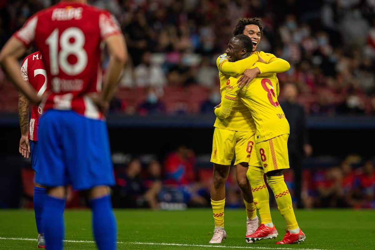 MADRID, SPAIN - Tuesday, October 19, 2021: Liverpool's Naby Keita (L) celebrates after scoring the second goal with team-mate Trent Alexander-Arnold (R) during the UEFA Champions League Group B Matchday 3 game between Club Atlético de Madrid and Liverpool FC at the Estadio Metropolitano. (Pic by David Rawcliffe/Propaganda)