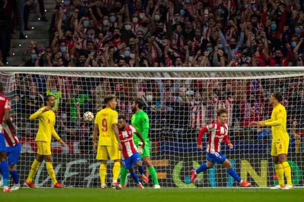 MADRID, SPAIN - Tuesday, October 19, 2021: Club Atlético de Madrid's Antoine Griezmann (R) celebrates after scoring his side's first goal during the UEFA Champions League Group B Matchday 3 game between Club Atlético de Madrid and Liverpool FC at the Estadio Metropolitano. (Pic by David Rawcliffe/Propaganda)