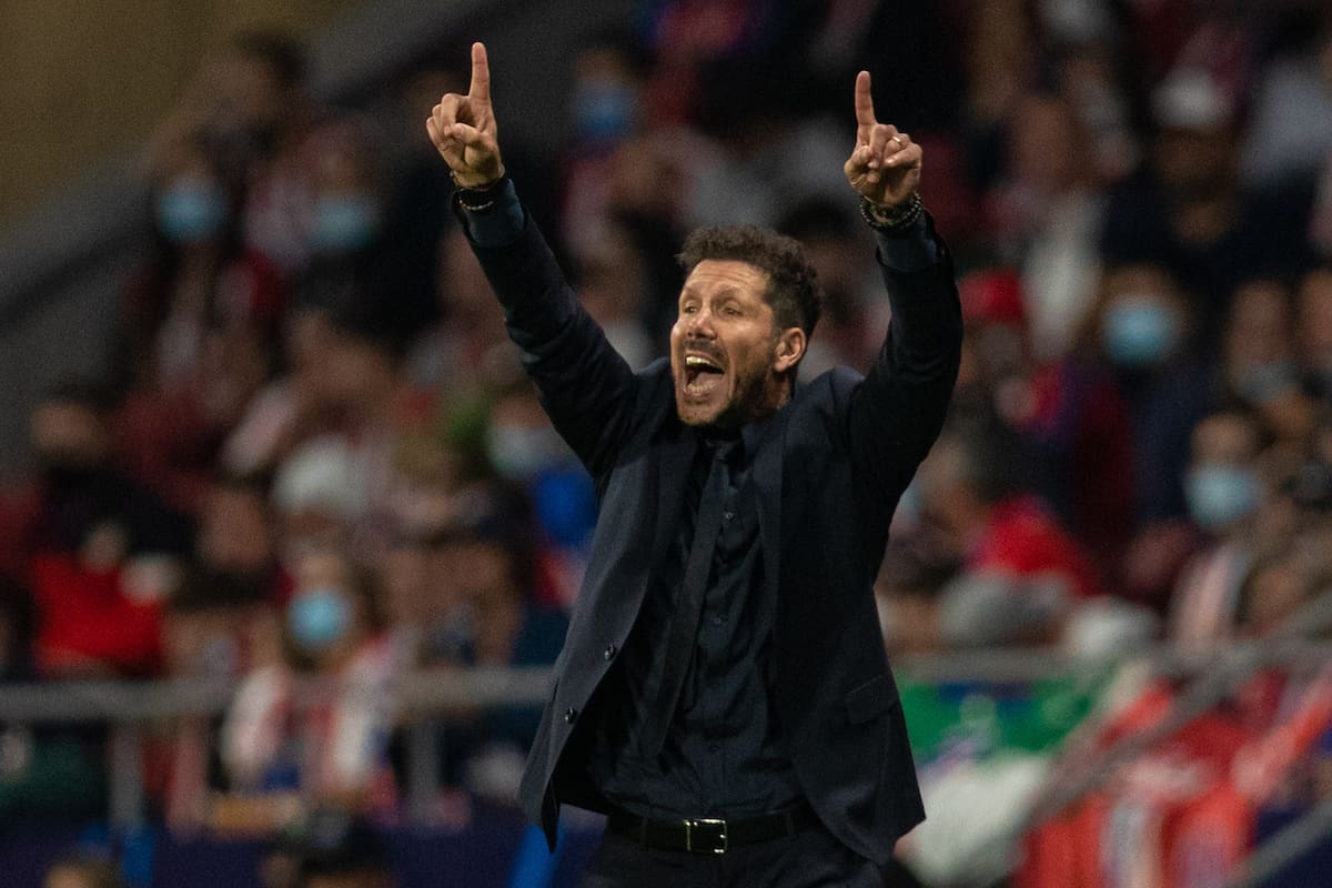 MADRID, SPAIN - Tuesday, October 19, 2021: Club Atlético de Madrid's head coach Diego Simeone reacts during the UEFA Champions League Group B Matchday 3 game between Club Atlético de Madrid and Liverpool FC at the Estadio Metropolitano. (Pic by David Rawcliffe/Propaganda)