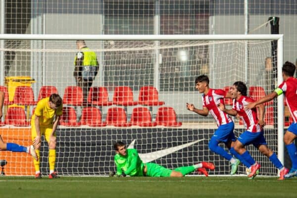 MADRID, SPAIN - Tuesday, October 19, 2021: Club Atlético de Madrid's Aitor Gismera celebrates after scoring the first goal during the UEFA Youth League Group B Matchday 3 game between Club Atlético de Madrid Under-19's and Liverpool FC Under-19's at the Atlético de Madrid Centro Deportivo Wanda Alcalá de Henares. (Pic by David Rawcliffe/Propaganda)