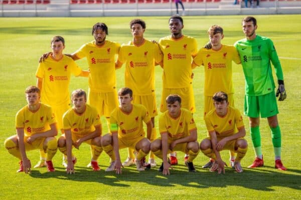 MADRID, SPAIN - Tuesday, October 19, 2021: Liverpool's players line-up for a team group photograph before the UEFA Youth League Group B Matchday 3 game between Club Atlético de Madrid Under-19's and Liverpool FC Under-19's at the Atlético de Madrid Centro Deportivo Wanda Alcalá de Henares. (Pic by David Rawcliffe/Propaganda)