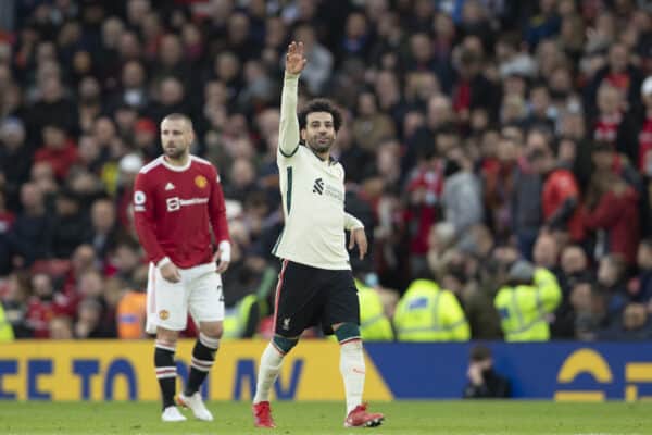 MANCHESTER, ENGLAND - Sunday, October 24, 2021: Liverpool's Mohamed Salah celebrates scoring the fouth goal, his second of his hat-trick. during the FA Premier League match between Manchester United FC and Liverpool FC at Old Trafford. (Pic by David Rawcliffe/Propaganda)