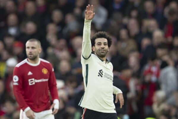 MANCHESTER, ENGLAND - Sunday, October 24, 2021: Liverpool's Mohamed Salah celebrates scoring the fouth goal, his second of his hat-trick. during the FA Premier League match between Manchester United FC and Liverpool FC at Old Trafford. (Pic by David Rawcliffe/Propaganda)