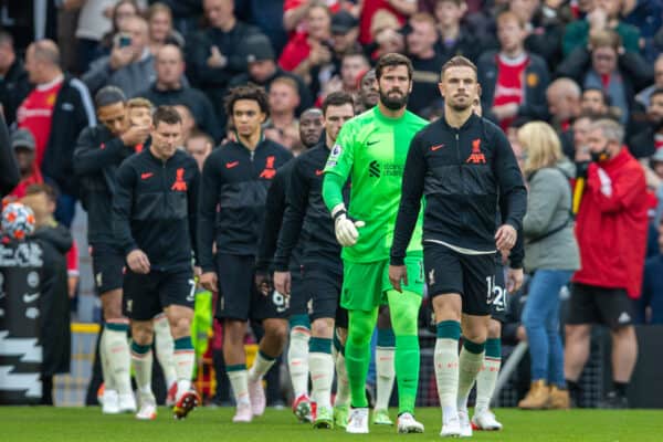 MANCHESTER, ENGLAND - Sunday, October 24, 2021: Liverpool's captain Jordan Henderson leads his side out before the FA Premier League match between Manchester United FC and Liverpool FC at Old Trafford. (Pic by David Rawcliffe/Propaganda)