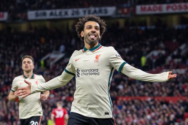 MANCHESTER, ENGLAND - Sunday, October 24, 2021: Liverpool's Mohamed Salah celebrates after scoring the fifth goal, completing his hat-trick, during the FA Premier League match between Manchester United FC and Liverpool FC at Old Trafford.  Liverpool won 5-0.  (Pic by David Rawcliffe / Propaganda)
