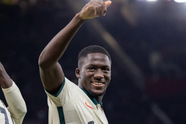 MANCHESTER, ENGLAND - Sunday, October 24, 2021: Liverpool's Ibrahima Konaté celebrates his side's fifth goal during the FA Premier League match between Manchester United FC and Liverpool FC at Old Trafford. Liverpool won 5-0. (Pic by David Rawcliffe/Propaganda)