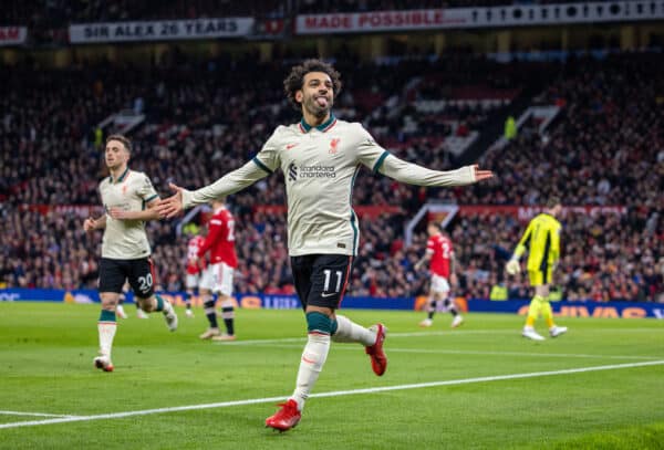 MANCHESTER, ENGLAND - Sunday, October 24, 2021: Liverpool's Mohamed Salah celebrates after scoring the fifth goal, completing his hat-trick, during the FA Premier League match between Manchester United FC and Liverpool FC at Old Trafford. Liverpool won 5-0. (Pic by David Rawcliffe/Propaganda)