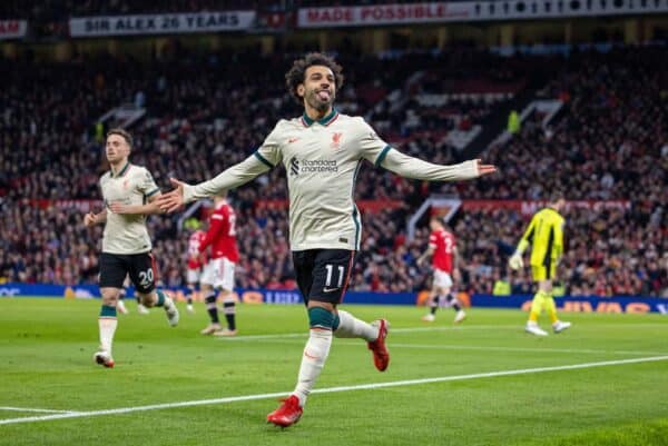 MANCHESTER, ENGLAND - Sunday, October 24, 2021: Liverpool's Mohamed Salah celebrates after scoring the fifth goal, completing his hat-trick, during the FA Premier League match between Manchester United FC and Liverpool FC at Old Trafford. Liverpool won 5-0. (Pic by David Rawcliffe/Propaganda)