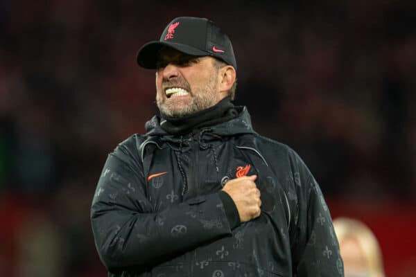 MANCHESTER, ENGLAND - Sunday, October 24, 2021: Liverpool's manager Jürgen Klopp celebrates after the FA Premier League match between Manchester United FC and Liverpool FC at Old Trafford. Liverpool won 5-0. (Pic by David Rawcliffe/Propaganda)