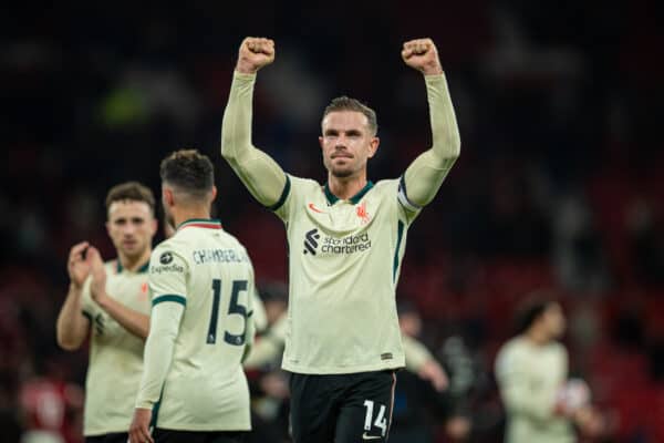 MANCHESTER, ENGLAND - Sunday, October 24, 2021: Liverpool's captain Jordan Henderson celebrates after the FA Premier League match between Manchester United FC and Liverpool FC at Old Trafford. Liverpool won 5-0. (Pic by David Rawcliffe/Propaganda)