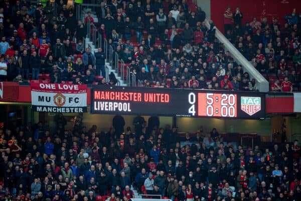 MANCHESTER, ENGLAND - Sunday, October 24, 2021: The scoreboard during the FA Premier League match between Manchester United FC and Liverpool FC at Old Trafford. Liverpool won 5-0. (Pic by David Rawcliffe/Propaganda)