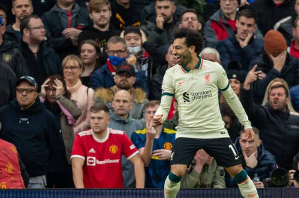 MANCHESTER, ENGLAND - Sunday, October 24, 2021: Liverpool's Mohamed Salah celebrates after scoring the fourth goal during the FA Premier League match between Manchester United FC and Liverpool FC at Old Trafford. Liverpool won 5-0. (Pic by David Rawcliffe/Propaganda)