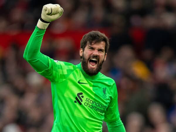 MANCHESTER, ENGLAND - Sunday, October 24, 2021: Liverpool's goalkeeper Alisson Becker celebrates his side's fourth goal during the FA Premier League match between Manchester United FC and Liverpool FC at Old Trafford. Liverpool won 5-0. (Pic by David Rawcliffe/Propaganda)