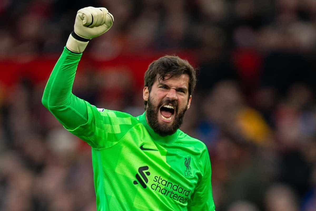 MANCHESTER, ENGLAND - Sunday, October 24, 2021: Liverpool's goalkeeper Alisson Becker celebrates his side's fourth goal during the FA Premier League match between Manchester United FC and Liverpool FC at Old Trafford. Liverpool won 5-0. (Pic by David Rawcliffe/Propaganda)