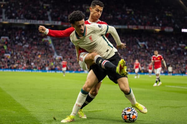 MANCHESTER, ENGLAND - Sunday, October 24, 2021: Manchester United's Cristiano Ronaldo (R) tackles Liverpool's Curtis Jones during the FA Premier League match between Manchester United FC and Liverpool FC at Old Trafford. (Pic by David Rawcliffe/Propaganda)