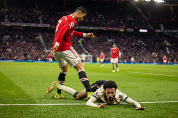 MANCHESTER, ENGLAND - Sunday, October 24, 2021: Manchester United's Cristiano Ronaldo (L) kicks Liverpool's Curtis Jones during the FA Premier League match between Manchester United FC and Liverpool FC at Old Trafford. (Pic by David Rawcliffe/Propaganda)