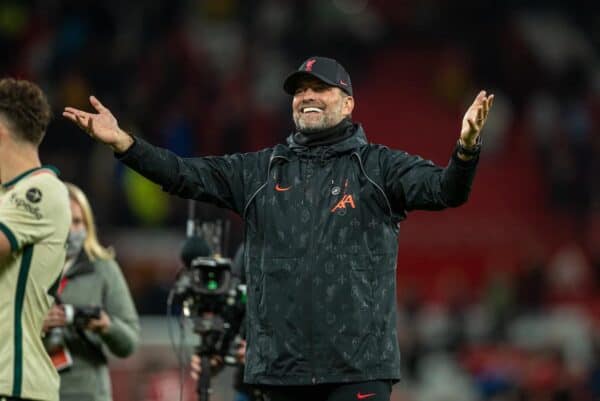 MANCHESTER, ENGLAND - Sunday, October 24, 2021: Liverpool's manager Jürgen Klopp celebrates after the FA Premier League match between Manchester United FC and Liverpool FC at Old Trafford. Liverpool won 5-0. (Pic by David Rawcliffe/Propaganda)