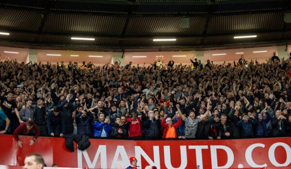 MANCHESTER, ENGLAND - Sunday, October 24, 2021: Liverpool supporters celebrate after the FA Premier League match between Manchester United FC and Liverpool FC at Old Trafford. Liverpool won 5-0. Pic by David Rawcliffe/Propaganda)