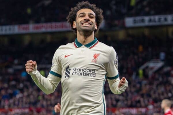 MANCHESTER, ENGLAND - Sunday, October 24, 2021: Liverpool's Mohamed Salah celebrates after scoring the fifth goal, completing his hat-trick, during the FA Premier League match between Manchester United FC and Liverpool FC at Old Trafford. Liverpool won 5-0. (Pic by David Rawcliffe/Propaganda)