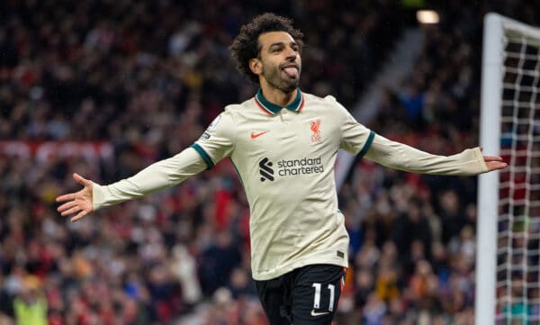 MANCHESTER, ENGLAND - Sunday, October 24, 2021: Liverpool's Mohamed Salah celebrates after scoring the fifth goal, completing his hat-trick, during the FA Premier League match between Manchester United FC and Liverpool FC at Old Trafford. Liverpool won 5-0. (Pic by David Rawcliffe/Propaganda)