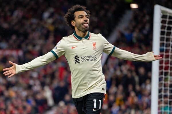 MANCHESTER, ENGLAND - Sunday, October 24, 2021: Liverpool's Mohamed Salah celebrates after scoring the fifth goal, completing his hat-trick, during the FA Premier League match between Manchester United FC and Liverpool FC at Old Trafford. Liverpool won 5-0. (Pic by David Rawcliffe/Propaganda)