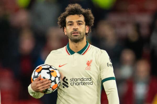 MANCHESTER, ENGLAND - Sunday, October 24, 2021: Liverpool's hat-trick hero Mohamed Salah, who scored in his 10th consecutive game, with the match ball after the FA Premier League match between Manchester United FC and Liverpool FC at Old Trafford. Liverpool won 5-0. (Pic by David Rawcliffe/Propaganda)