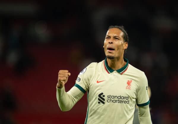 MANCHESTER, ENGLAND - Sunday, October 24, 2021: Liverpool's Virgil van Dijk celebrates after the FA Premier League match between Manchester United FC and Liverpool FC at Old Trafford. Liverpool won 5-0. (Pic by David Rawcliffe/Propaganda)