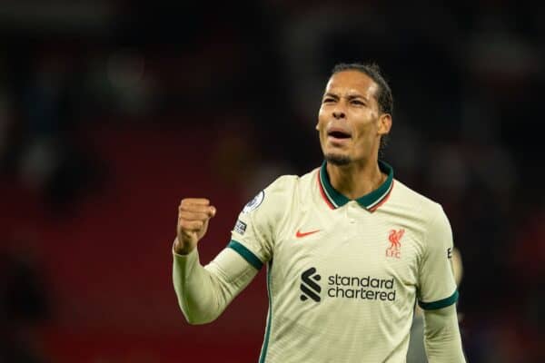 MANCHESTER, ENGLAND - Sunday, October 24, 2021: Liverpool's Virgil van Dijk celebrates after the FA Premier League match between Manchester United FC and Liverpool FC at Old Trafford. Liverpool won 5-0. (Pic by David Rawcliffe/Propaganda)