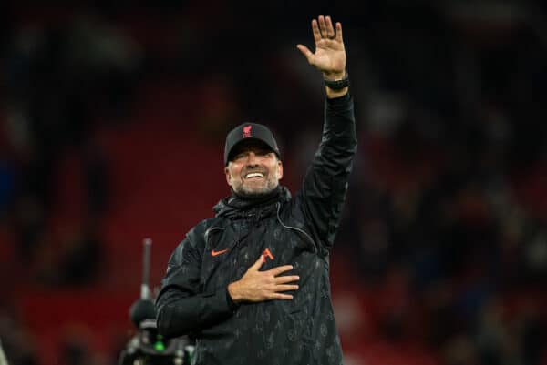 MANCHESTER, ENGLAND - Sunday, October 24, 2021: Liverpool's manager Jürgen Klopp celebrates after the FA Premier League match between Manchester United FC and Liverpool FC at Old Trafford. Liverpool won 5-0. (Pic by David Rawcliffe/Propaganda)