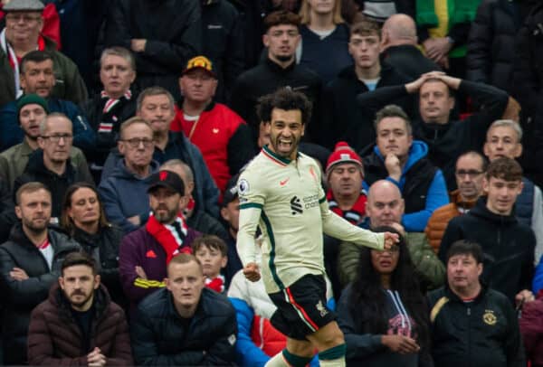 MANCHESTER, ENGLAND - Sunday, October 24, 2021: Liverpool's Mohamed Salah celebrates after scoring the third goal, the first of his hat-trick, during the FA Premier League match between Manchester United FC and Liverpool FC at Old Trafford. Liverpool won 5-0. (Pic by David Rawcliffe/Propaganda)