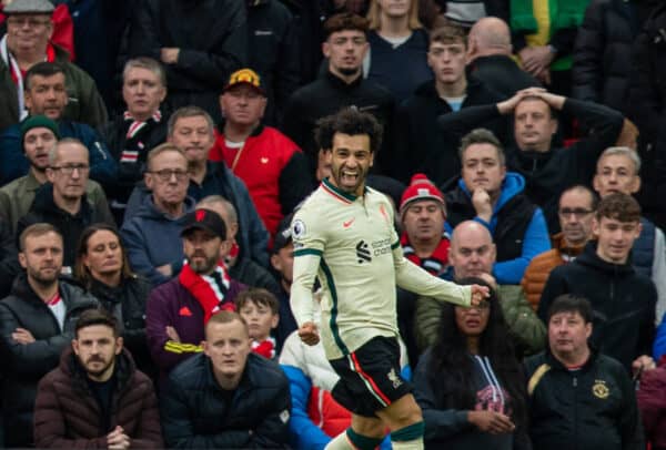 MANCHESTER, ENGLAND - Sunday, October 24, 2021: Liverpool's Mohamed Salah celebrates after scoring the third goal, the first of his hat-trick, during the FA Premier League match between Manchester United FC and Liverpool FC at Old Trafford. Liverpool won 5-0. (Pic by David Rawcliffe/Propaganda)