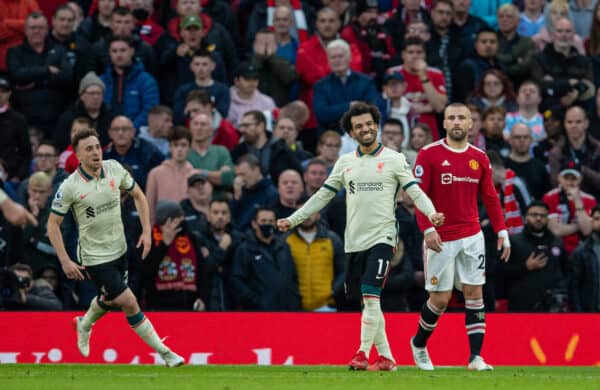 MANCHESTER, ENGLAND - Sunday, October 24, 2021: Liverpool's Mohamed Salah scores the fourth goal, the second of his hat-trick, during the FA Premier League match between Manchester United FC and Liverpool FC at Old Trafford. Liverpool won 5-0. (Pic by David Rawcliffe/Propaganda)