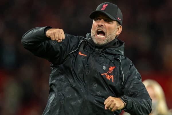 MANCHESTER, ENGLAND - Sunday, October 24, 2021: Liverpool's manager Jürgen Klopp celebrates after the FA Premier League match between Manchester United FC and Liverpool FC at Old Trafford. Liverpool won 5-0. (Pic by David Rawcliffe/Propaganda)