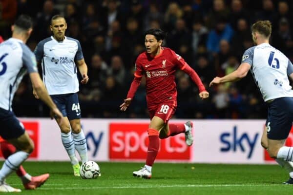 PRESTON, ENGLAND - Wednesday, October 27, 2021: Liverpool's Takumi Minamino during the English Football League Cup 4th Round match between Preston North End FC and Liverpool FC at Deepdale. (Pic by David Rawcliffe/Propaganda)