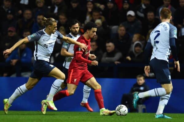 PRESTON, ENGLAND - Wednesday, October 27, 2021: Liverpool's Takumi Minamino during the English Football League Cup 4th Round match between Preston North End FC and Liverpool FC at Deepdale. (Pic by David Rawcliffe/Propaganda)