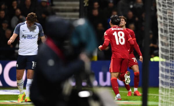 PRESTON, ENGLAND - Wednesday, October 27, 2021: Liverpool's Takumi Minamino celebrates after scoring the first goal during the English Football League Cup 4th Round match between Preston North End FC and Liverpool FC at Deepdale. (Pic by David Rawcliffe/Propaganda)