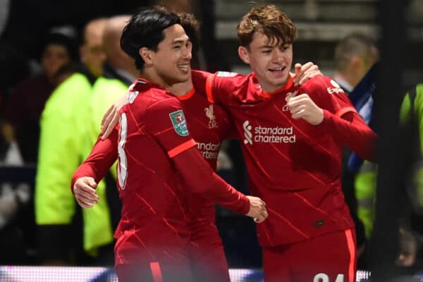 PRESTON, ENGLAND - Wednesday, October 27, 2021: Liverpool's Takumi Minamino celebrates after scoring the first goal during the English Football League Cup 4th Round match between Preston North End FC and Liverpool FC at Deepdale. (Pic by David Rawcliffe/Propaganda)