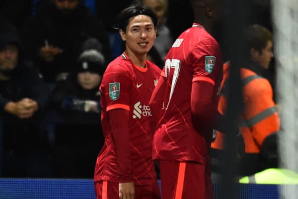 PRESTON, ENGLAND - Wednesday, October 27, 2021: Liverpool's Takumi Minamino celebrates after scoring the first goal during the English Football League Cup 4th Round match between Preston North End FC and Liverpool FC at Deepdale. (Pic by David Rawcliffe/Propaganda)