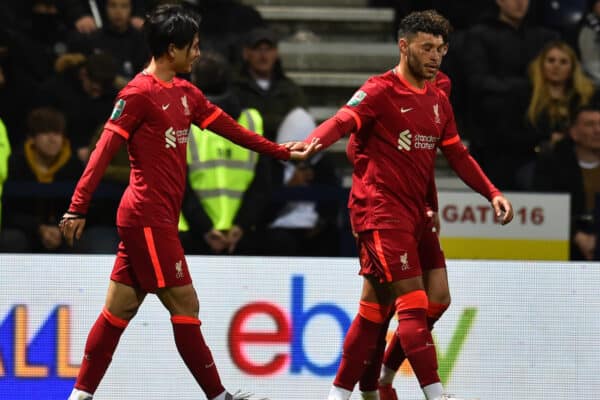 PRESTON, ENGLAND - Wednesday, October 27, 2021: Liverpool's Takumi Minamino (L) celebrates after scoring the first goal during the English Football League Cup 4th Round match between Preston North End FC and Liverpool FC at Deepdale. (Pic by David Rawcliffe/Propaganda)